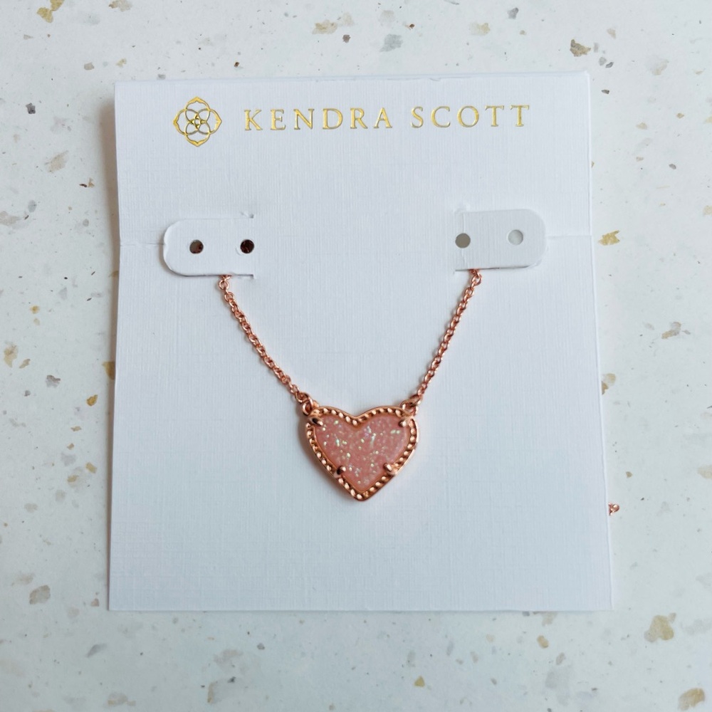 Kendra Scott Rose Gold Heart Necklace with Pink Druzy